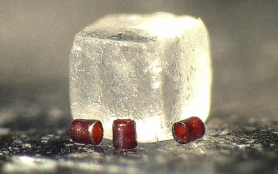 Tiny red cylinder probes are presented in front of a much larger ice cube.