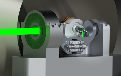 Computer rendering of a measurement apparatus to measure the spin-wave dispersion with Brillouin Light Scattering spectroscopy. This NIST-designed apparatus allows precise, automated measurement of the dispersion over the two angles of incidence. This measurement method, also developed by NIST, enables the determination of the Heisenberg exchange, a critical materials parameter for magnetic random access memory (MRAM) development