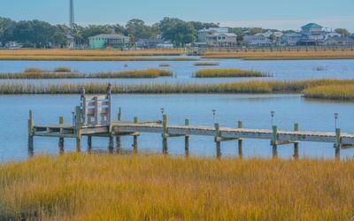 Yellow grass surrounds a wooden boat dock that extends into a shallow wetland. Across the water is a small town of buildings and trees.
