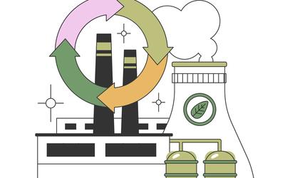 Line drawing labeled "Industrial Symbiosis" shows a circle of arrows over a factory with smokestacks and a cooling tower with a leaf design. 