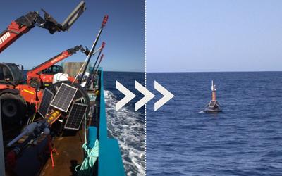 Side-by-side photos show a buoy with attached scientific devices on the deck of a ship and then floating in the ocean. 