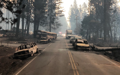 A two-lane highway lined with the burnt remains of vehicles that were destroyed by fire while in traffic..