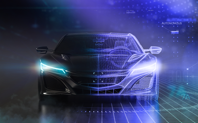 Autonomous vehicle depiction with black to purple ombre overlay