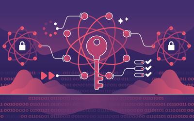 Illustration with icons including keys, atoms, padlocks and lines of computer code. 