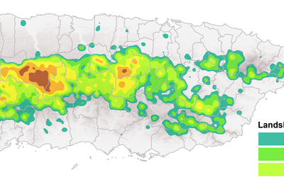 Map of Puerto Rico has colored sections near the center with key: Landslides per km2
