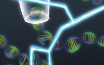 Illustration of DNA molecules entering a tube with lightning bolt in foreground