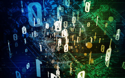 Illustration for quantum computing shows zeroes and ones hovering in space with background of electronic networking diagrams. 