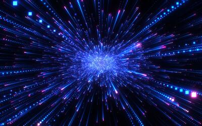 Lines of tiny bright squares shoot out from a central point on a black background.
