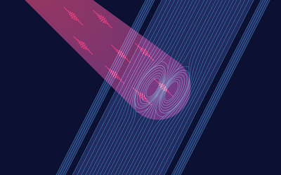 Wiggly pink lines representing photons intersect with straight blue lines representing the nanowire, creating swirls or hot spots. 