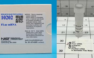 Reference Grade Test Material 10202 FLuc mRNA.  The outer box with a description of the material is shown (left side), along with a vial of the material (right side).