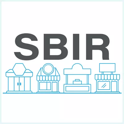 image showing the letters SBIR with some building icons underneath
