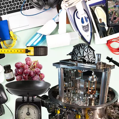 Photo collage includes tape measure, gas can, laptop keyboard, old-fashioned scale, bunch of grapes, and scientific equipment like a Kibble balance. 