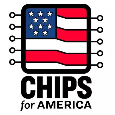 The CHIPS for America logo is a U.S. flag in the shape of a semiconductor chip