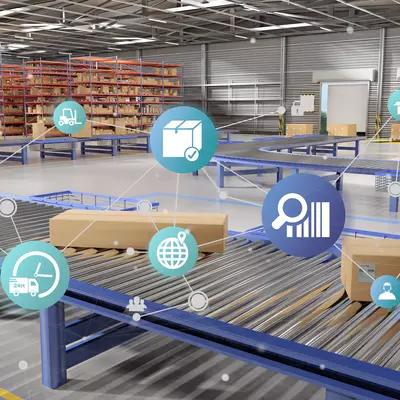 Boxes on a conveyor belt in a warehouse are overlaid with icons representing transportation and logistics.