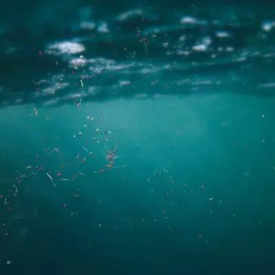 Illustration shows tiny colored pieces of plastic floating under the surface of the ocean with sunlight shining through. 