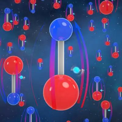 Illustrated molecules, represented by red spheres and blue spheres connected by a white cylinder, fill a dark blue field. Alongside the molecules are electrons, represented by light blue spheres with directional arrows pointing through them.