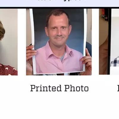 Three images demonstrate types of presentation attacks: a person in heavy appearance-altering makeup, a person holding up a printed photo of another person, and a hand holding up a phone image of another person.