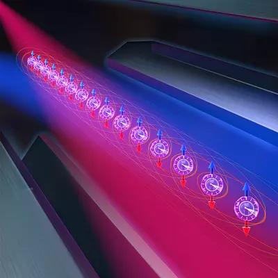 Illustration of a pair of tweezers surrounding a beam of light that illuminates a line of atoms, each with an analog clock face in the center and an up and down arrow pointing through it.