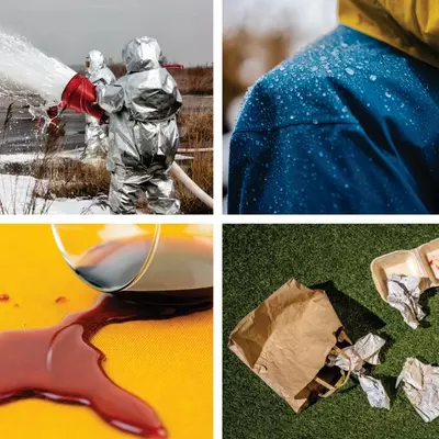 Photo montage showing fill the airplane with fire-fighting foam, a spilled glass of wine on the tablecloth. Cleaning clothes and furniture from stains, Discarded Fast Food Wrappers Littered on Ground, wateproof jacket with water droplets on it. Jacket using the gore-tex technology.