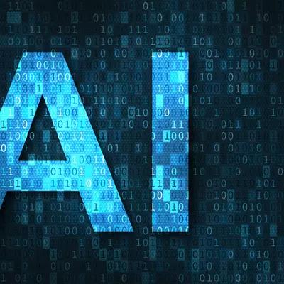 The letters "AI" appear in blue on a background of binary numbers, ones and zeros. 