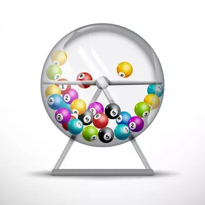 Illustration shows a lottery ball machine: a clear plastic sphere on a stand, half-filled with colorful numbered balls. 