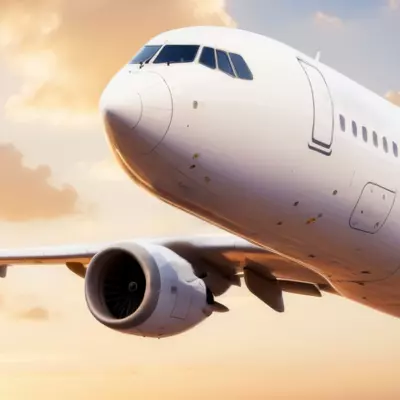 A digital graphic of an airplane flying above the clouds during sunset.