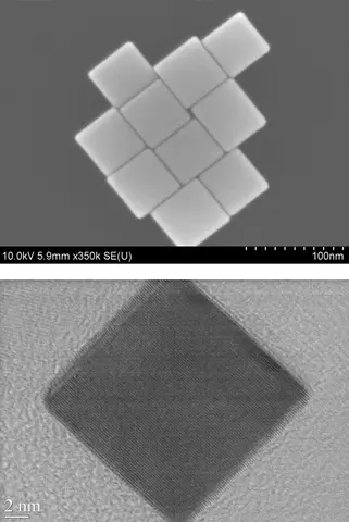 These electron microscope images show perfect-edged nanocubes produced in a one-step process created at NIST that allows careful control of the cubes’ size, shape and composition.