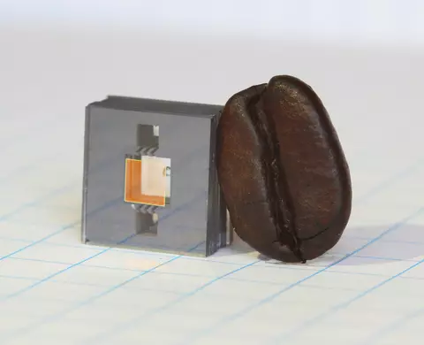 small atomic clock with coffee bean for scale