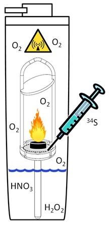 Schematic illustration showing a device with a microwave source, central flame with sample introduction by syringe in the presence of oxygen, nitric acid, and hydrogen peroxide. 