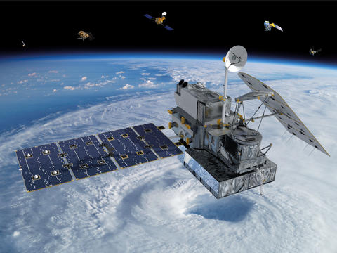 Visualization of the Global Precipitation Measurement Core Observatory and partner satellites.
