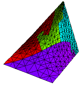 PHAML solution on four processors of an equation with a singular boundary condition. The colors or shades of gray indicate the region assigned to each processor. 