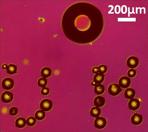 A photomicrograph showing the microrobot built by the University of Hawaii along with a series of glass beads that it assembled into a mini "U H". 