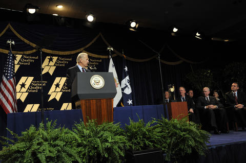 Vice President Biden addresses the audience at the ceremony for the 2008 Baldrige award winners.