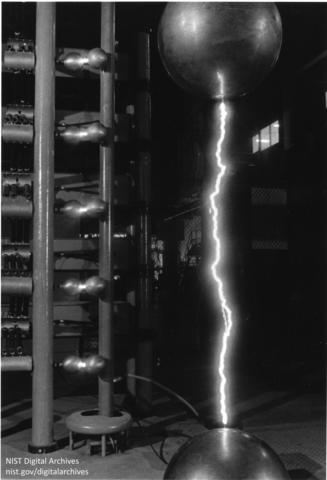 A 300,000-volt simulated lightning bolt produced in NIST’s high-voltage measurement laboratory in 1984.