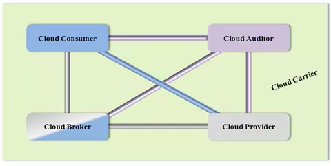 Cloud computing involves five actors: consumer, provider, auditor, broker and carrier. This illustration shows the possible communication paths between them.