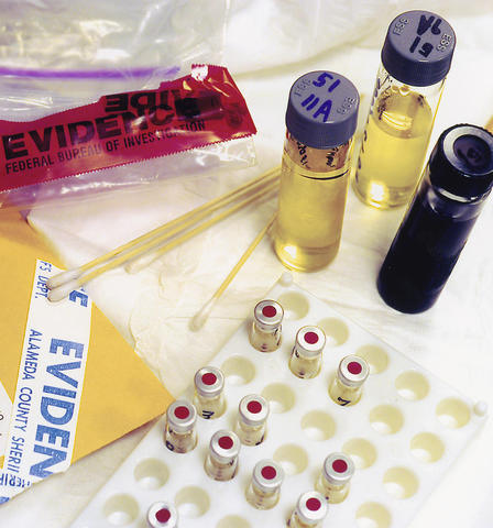 Test tubes, evidence bags, etc., from a forensics laboratory