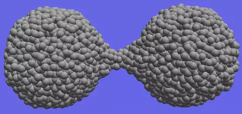 Computer simulations demonstrate the material extension and necking that occurs during the separation of amorphous silica nanoparticles.