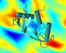ribbon of protein stands in the foreground against a computer-simulation of a stress field in a glassy material