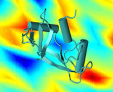 ribbon of protein stands in the foreground against a computer-simulation of a stress field in a glassy material