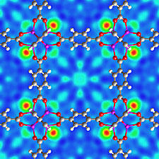 A neutron-scattering image reveals where hydrogen molecules (red-green, concentric circles) connect to a zinc-based "scaffold" under development as a promising hydrogen storage material. 