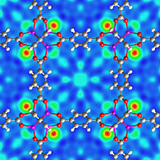 A neutron-scattering image reveals where hydrogen molecules (red-green, concentric circles) connect to a zinc-based "scaffold" under development as a promising hydrogen storage material. 