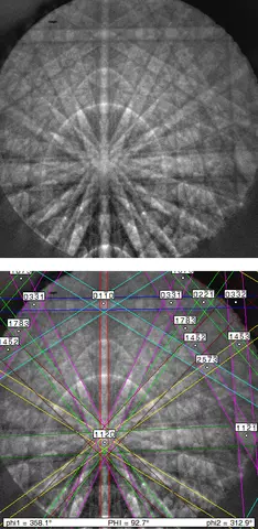 Transmission electron diffraction pattern from from a segment of an indium gallium nitride (InGaN) nanowire about 50 nanometers in diameter taken with an SEM using the new NIST technique 