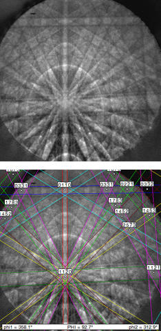 Transmission electron diffraction pattern from from a segment of an indium gallium nitride (InGaN) nanowire about 50 nanometers in diameter taken with an SEM using the new NIST technique 