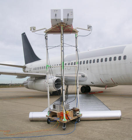 Testing equipment being used by NIST scientists in recent research mapping radio frequency penetration of airframes, in this case a Boeing 737-200. 