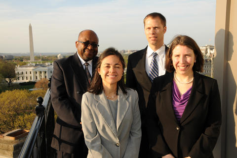 NIST's Associate Director for Laboratory Programs Willie May with NIST PECASE winners Joseph Kline, Ana Maria Rey and Gretchen Campbell