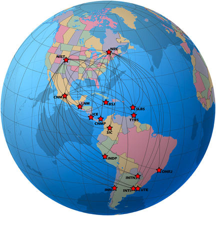 Globe showing the 16 member countries of the Sistema Interamericano de Metrologia (SIM) Time Network