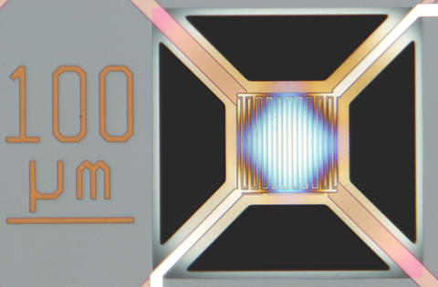 Illustration of a new chemical sensor that is comprised of 16 microheater elements and eight types of sensors