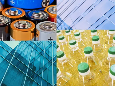 Collage of photos: Battery acid, plastic containers and windowpanes 