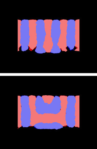 Computer simulations of two possible morphologies of a block copolymer film