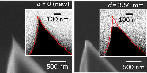 Images showing the degradation of an atomic force microscope tip